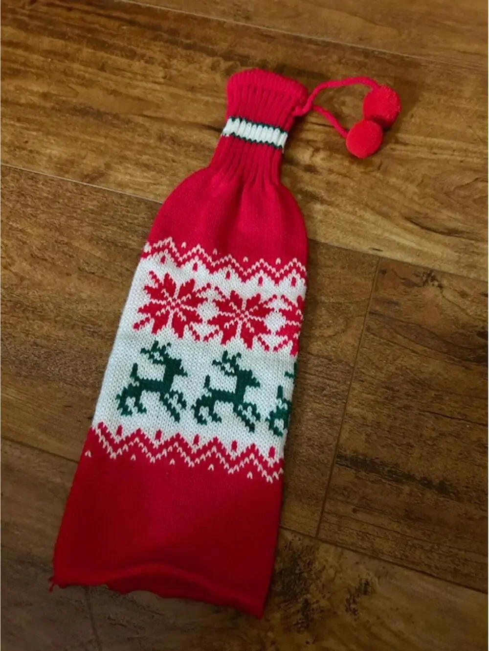 Knitted Christmas Wine Bottle Cover with Reindeer and Snowflake Design